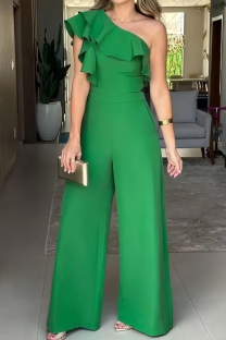 Green Casual Solid Color Patchwork Backless Flounce Oblique Collar Regular Jumpsuits