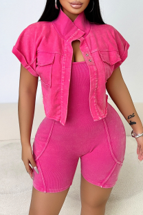 Pink Casual Solid Color Pocket Patchwork Turndown Collar Short Sleeve Two Pieces