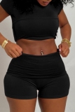 Black Casual Daily Solid Color Basic O Neck Short Sleeve Two Pieces