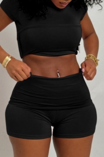 Black Casual Daily Solid Color Basic O Neck Short Sleeve Two Pieces