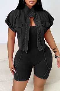 Black Casual Solid Color Pocket Patchwork Turndown Collar Short Sleeve Two Pieces