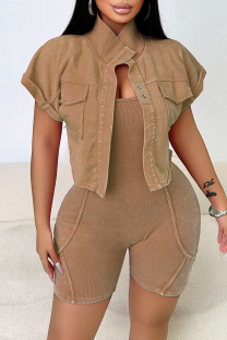 Khaki Casual Solid Color Pocket Patchwork Turndown Collar Short Sleeve Two Pieces