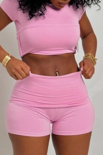 Pink Casual Daily Solid Color Basic O Neck Short Sleeve Two Pieces