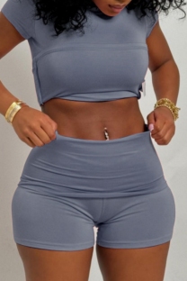 Blue Casual Daily Solid Color Basic O Neck Short Sleeve Two Pieces
