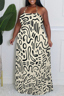 Apricot Sexy Colorblock Chain print Newspaper printing Backless Contrast Halter Printed Plus Size Dresses