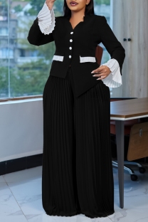 Black Casual Daily Patchwork Buttons Contrast V Neck Long Sleeve Two Pieces