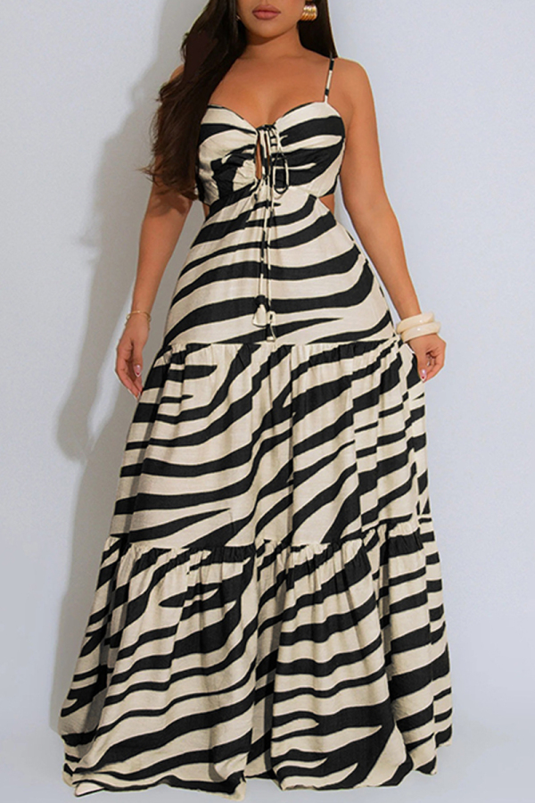 Black Sexy Casual Print Backless Belted Spaghetti Strap Long Dresses