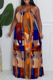 Orange Sexy Colorblock Chain print Newspaper printing Backless Contrast Halter Printed Plus Size Dresses