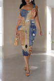 Leopard Print Casual Faux Denim Print Contrast U Neck Printed Dresses