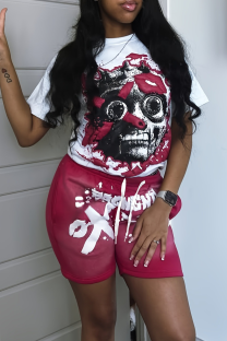 White Red Casual Print Draw String Pocket O Neck Short Sleeve Two Pieces