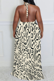 Orange Sexy Colorblock Chain print Newspaper printing Backless Contrast Halter Printed Plus Size Dresses