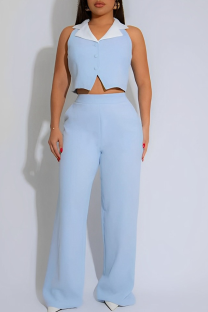 Sky Blue Casual Pocket Buttons Turndown Collar Sleeveless Two Pieces