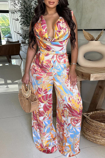 Red Sexy Casual Print Backless Belted Pile Heap Collar Regular Jumpsuits