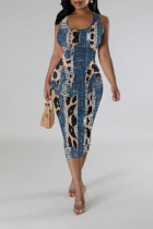Leopard Print Casual Faux Denim Print Contrast U Neck Printed Dresses