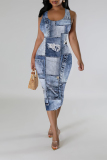 Leopard Print Casual Faux Denim Print Contrast U Neck Printed Dresses