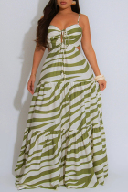 Green Sexy Casual Print Backless Belted Spaghetti Strap Long Dresses