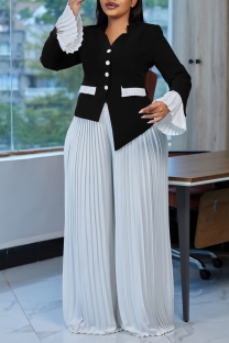Black White Casual Daily Patchwork Buttons Contrast V Neck Long Sleeve Two Pieces