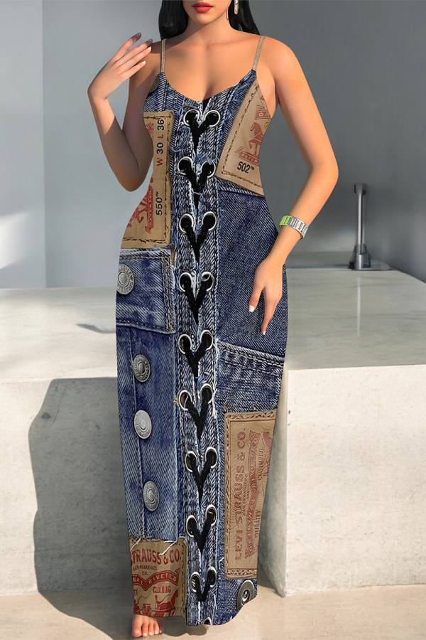 Dark Blue Sexy Faux Denim Print Leopard Contrast V Neck Printed Dresses