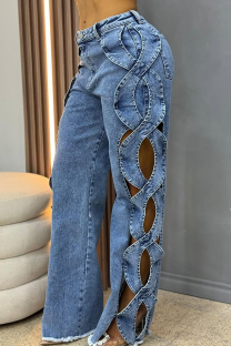 Blue Casual Solid Color Hollow Out Mid Waist Loose Denim Jeans