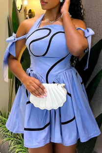 Blue Sexy Stripe Strap Design Halter A Line Dresses