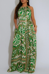 Green Sexy Casual Vacation Print Backless Belted Halter Regular Jumpsuits