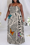 Orange Sexy Colorblock Chain print Newspaper printing Backless Contrast Halter Printed Plus Size Dresses