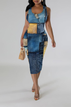 Khaki Casual Faux Denim Print Contrast U Neck Printed Dresses