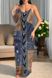 Multicolor Sexy Faux Denim Print Leopard Contrast V Neck Printed Dresses