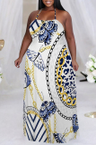 Orange Sexy Colorblock Chain print Newspaper printing Backless Contrast Halter Printed Plus Size Dresses