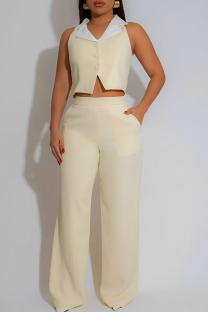 Apricot Casual Pocket Buttons Turndown Collar Sleeveless Two Pieces