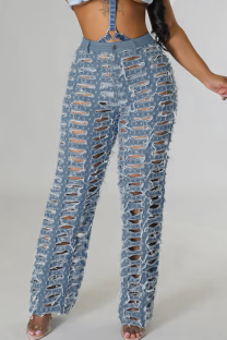 Light Blue Sexy Solid Color Ripped Straight Denim Jeans