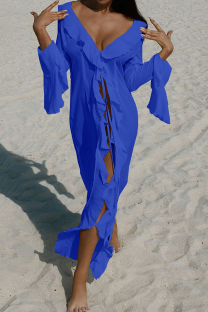 Blue Sexy Solid Color High Slit Ruffled Trim Swimwears Cover Up
