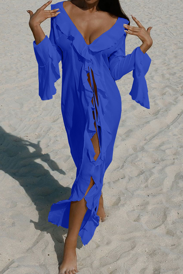 Blue Sexy Solid Color High Slit Ruffled Trim Swimwears Cover Up