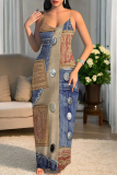 Multicolor Sexy Faux Denim Print Leopard Contrast V Neck Printed Dresses