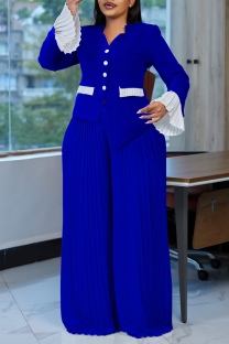 Blue Casual Daily Patchwork Buttons Contrast V Neck Long Sleeve Two Pieces