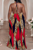 Orange Sexy Colorblock Chain print Newspaper printing Backless Contrast Halter Printed Plus Size Dresses