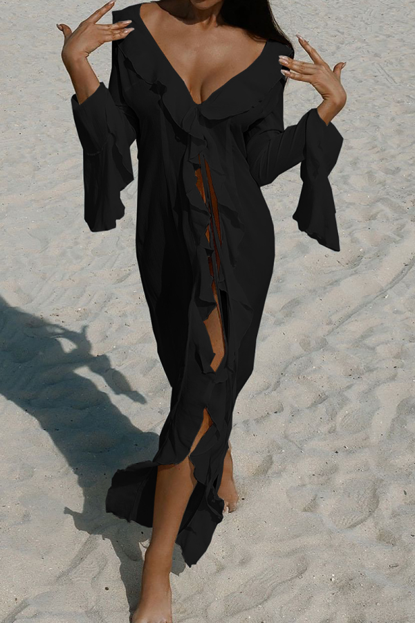 Black Sexy Solid Color High Slit Ruffled Trim Swimwears Cover Up