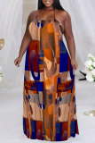 Orange Sexy Colorblock Chain print Newspaper printing Backless Contrast Halter Printed Plus Size Dresses