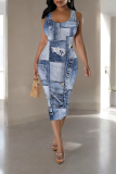 Leopard Print Casual Faux Denim Print Contrast U Neck Printed Dresses