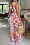 Blue Sexy Casual Print Backless Belted Pile Heap Collar Regular Jumpsuits