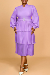 Light Purple Casual Daily Solid Color Patchwork Ruched V Neck Cake Skirt Dresses