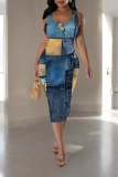 Leopard Print Casual Faux Denim Print Contrast U Neck Printed Dresses
