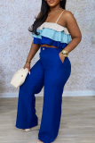 Blue Casual Tiered Layer Spaghetti Strap Sleeveless Two Pieces
