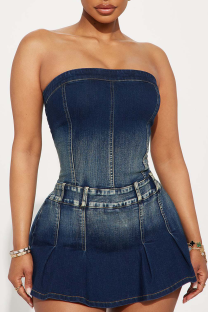 The cowboy blue Sexy Solid Color Zipper Strapless Sleeveless Regular Denim Jumpsuits