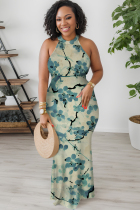 Turquoise Elegant Floral Print O Neck Long Dresses