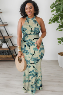 Turquoise Elegant Floral Print O Neck Long Dresses