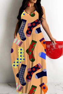 Earth Yellow Sexy Graffiti Print Pocket Contrast O Neck Printed Dresses