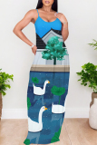 Blue Sexy Cartoon Print Pocket Contrast O Neck Printed Dresses