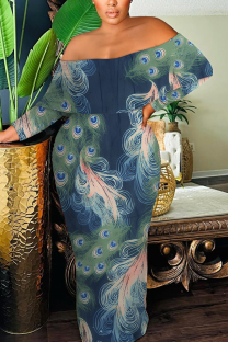 Peacock Blue Sexy Geometric Print Flowers Contrast Off Shoulder Printed Dresses