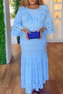 Blue Elegant Solid Color Lace O Neck Long Plus Size Dresses